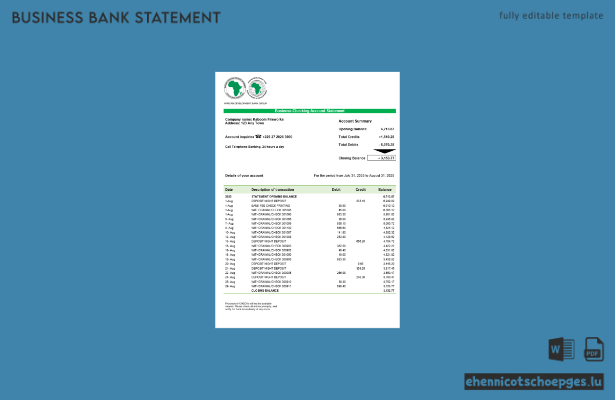 Beispiel eines Kontoauszugs für Geschäftsbanken der Afrikanischen Entwicklungszusammenarbeit im Word- und PDF-Format